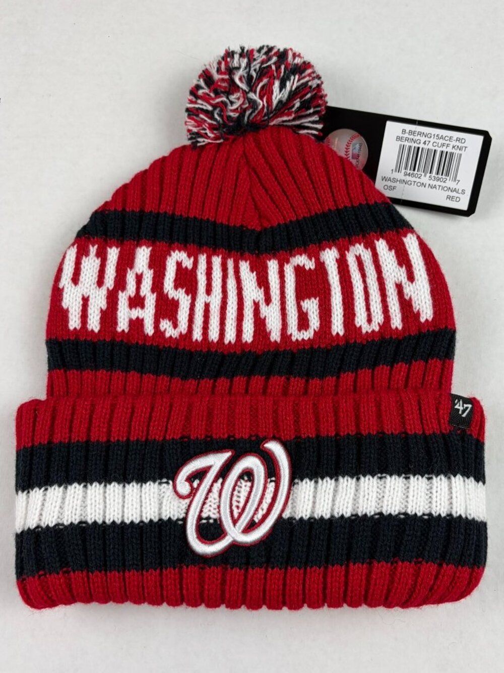 '47 Brand Washington Nationals Red White & Navy Striped Beanie With Pom Pom NWT